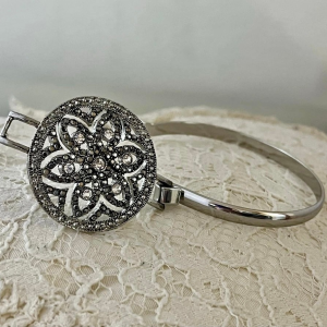 Vintage Silver Tone black Marcasite & Crystal Flower Bangle Bracelet Woman's
