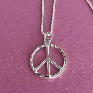 Silver Peace Sign Round Pendant Necklace Box Chain spring ring Closure 16"