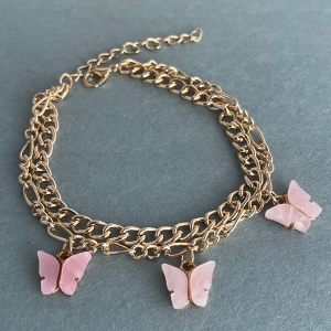 gold butterfly ankle bracelet with pink shells