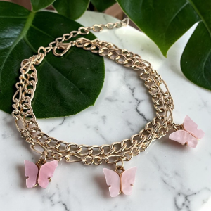 butterflies ankle bracelet , gold with pink stone dangle pink butterflies