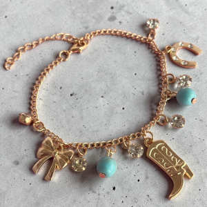 cowgirl ankle bracelet gold with dangle boot and Turquoise beads and diamonds