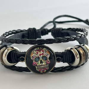 gothic leather bracelet with flower skull